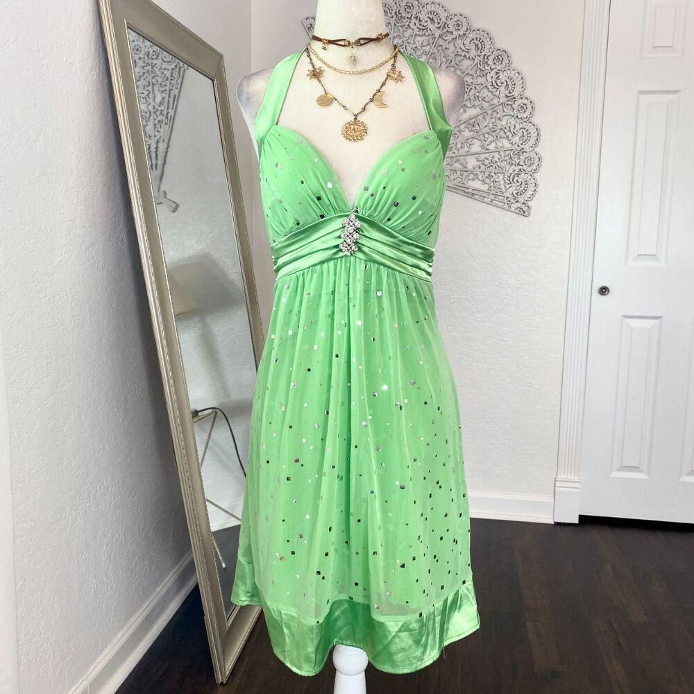 Deb Early 2000's Green Silver Sequin Fairy Babydoll Mini Halter Dress M